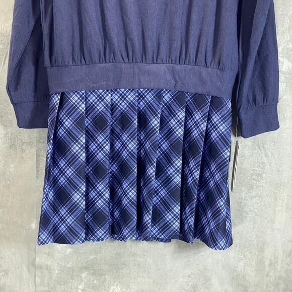 KINGSTON GREY Juniors' Navy Check Pleated Skirt Crewneck Mini Sweater Dress SZ L - Picture 6 of 12